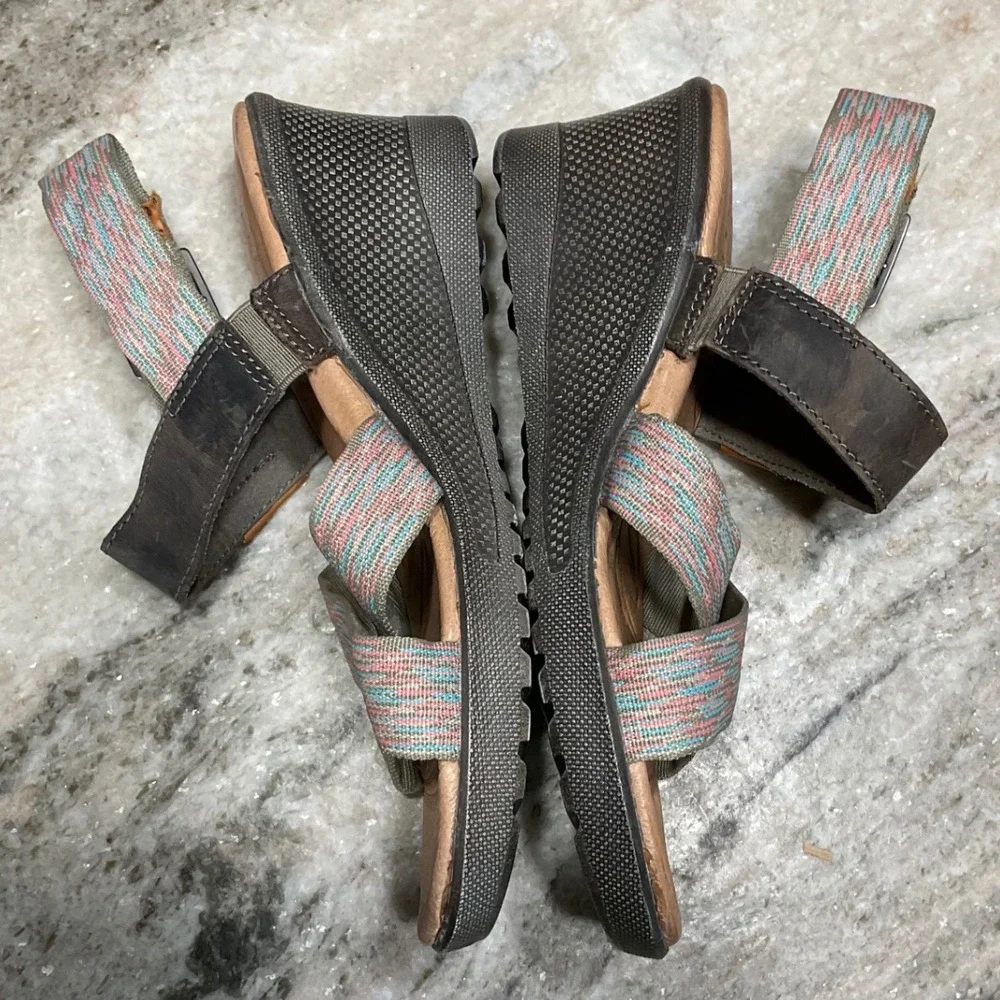 Keen Wedge Sandals Womens 5 Leather Woven Strappy Brown Multicolor Comfort